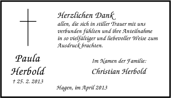 Traueranzeige von Paula Herbold von Tageszeitung