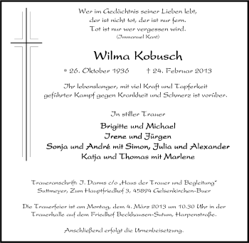 Traueranzeige von Wilma Kobusch von Tageszeitung