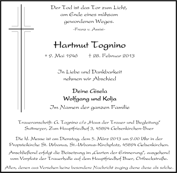 Traueranzeige von Hartmut Tognio von Tageszeitung