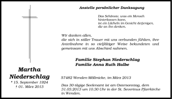 Traueranzeige von Martha Niederschlag von Tageszeitung