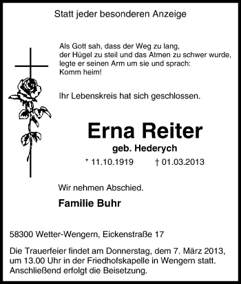 Traueranzeige von Erna Reiter von Tageszeitung