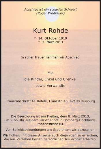Traueranzeige von Kurt Rohde von Tageszeitung
