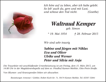 Traueranzeige von Waltraud Kemper von Tageszeitung