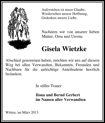 Traueranzeige von Gisela Wietzke von Tageszeitung