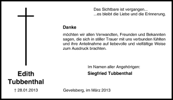 Traueranzeige von Edith Tubbenthal von Tageszeitung