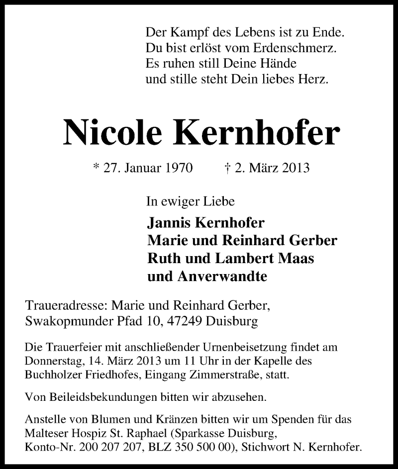  Traueranzeige für Nicole Kernhofer vom 09.03.2013 aus Tageszeitung
