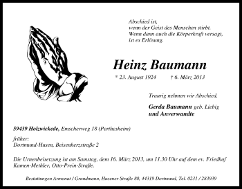 Traueranzeige von Heinz Baumann von Tageszeitung