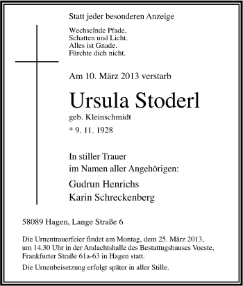 Traueranzeige von Ursula Stoderl von Tageszeitung