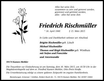 Traueranzeige von Friedrich Rischmüller von Tageszeitung