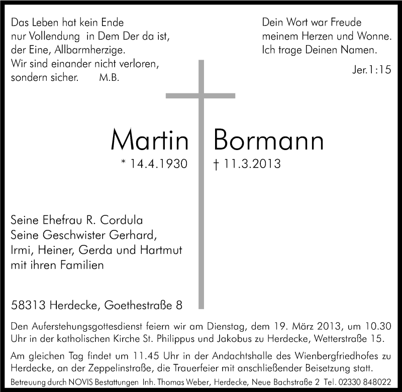  Traueranzeige für Martin Bormann vom 15.03.2013 aus Tageszeitung