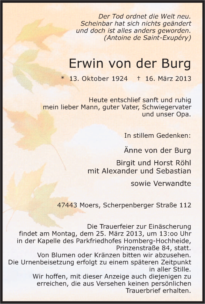 Traueranzeige für Erwin von der Burg vom 21.03.2013 aus Tageszeitung