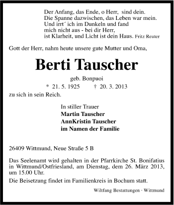 Traueranzeige von Berti Tauscher von Tageszeitung