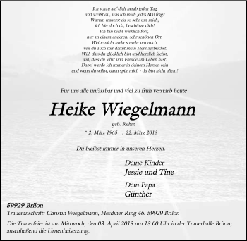 Traueranzeige von Heike Wiegelmann von Tageszeitung
