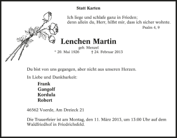 Traueranzeige von Lenchen Martin von Tageszeitung