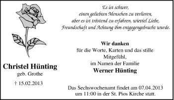 Traueranzeige von Christel Hünting von Tageszeitung