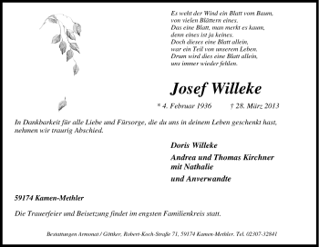 Traueranzeige von Josef Willeke von Tageszeitung