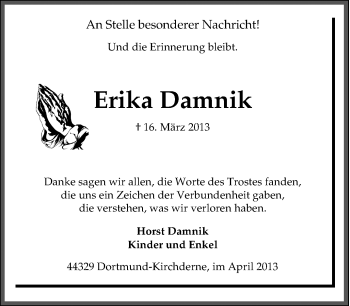Traueranzeige von Erika Damnik von Tageszeitung