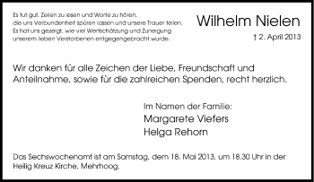 Traueranzeige von Wilhelm Nielen von Tageszeitung