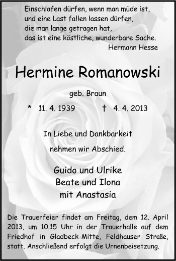 Traueranzeige von Hermine Romanowski von Tageszeitung