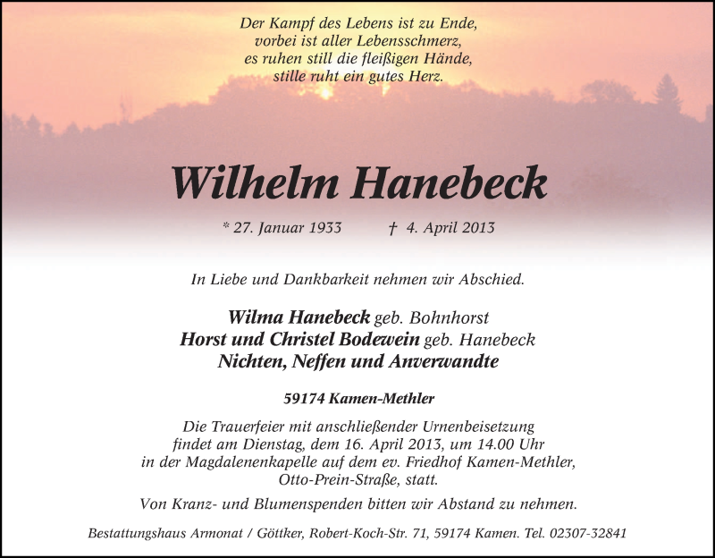  Traueranzeige für Wilhelm Hanebeck vom 09.04.2013 aus Tageszeitung