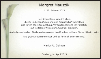 Traueranzeige von Margret Mauszik von Tageszeitung