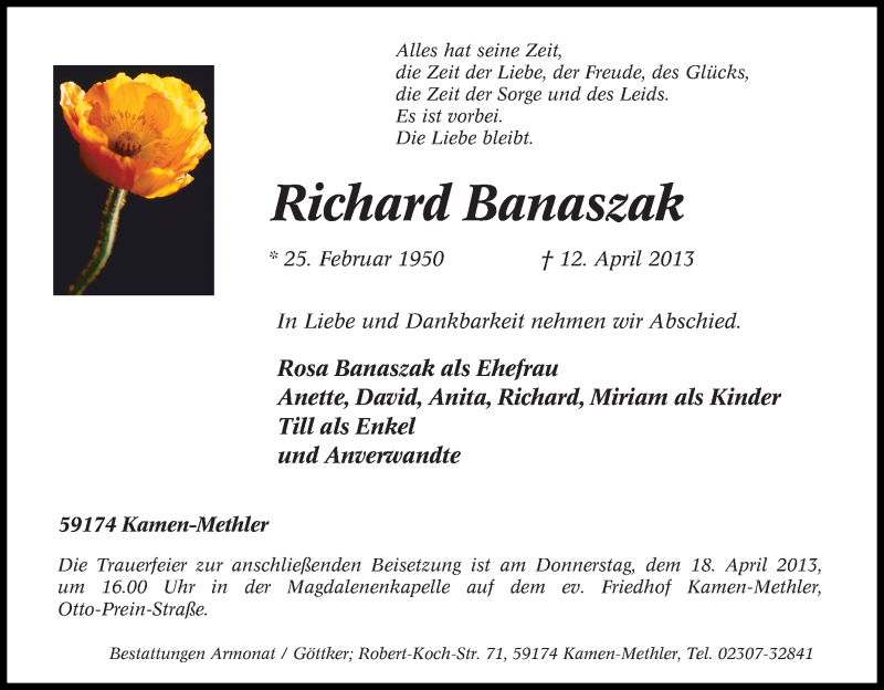  Traueranzeige für Richard Banaszak vom 13.04.2013 aus Tageszeitung