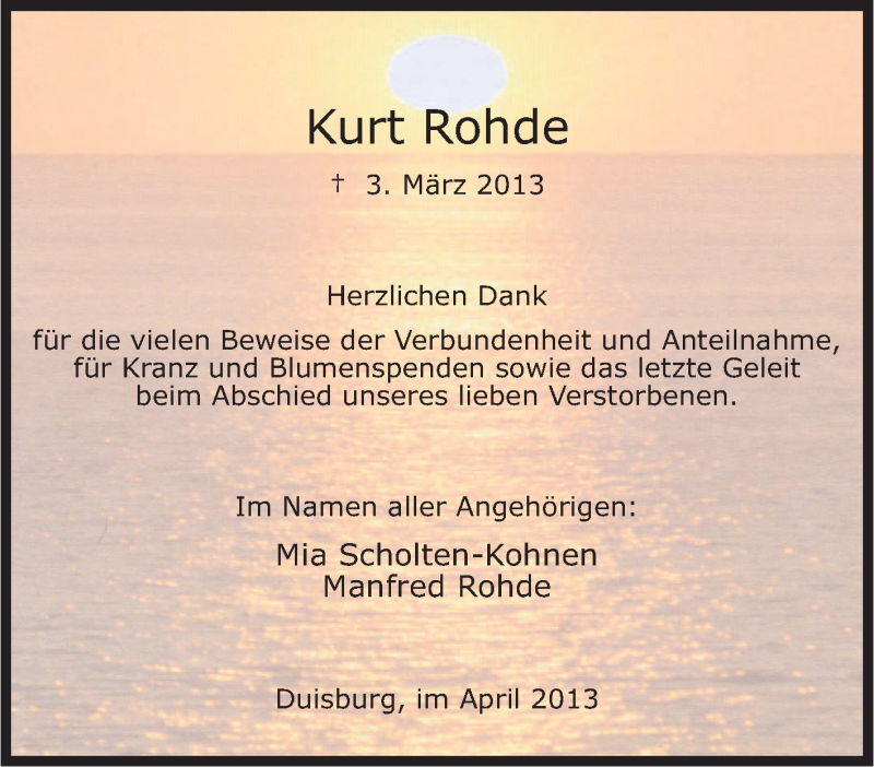  Traueranzeige für Kurt Rohde vom 18.04.2013 aus Tageszeitung