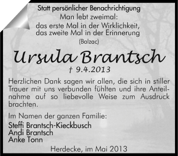 Traueranzeige von Ursula Brantsch von Tageszeitung