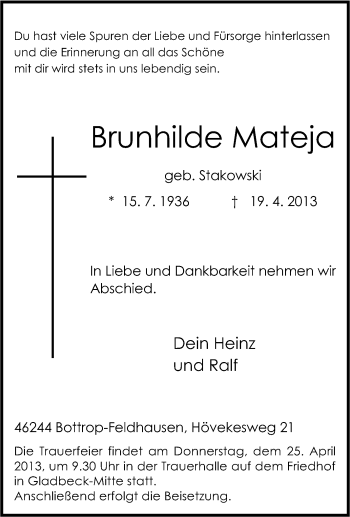 Traueranzeige von Brunhilde Mateja von Tageszeitung