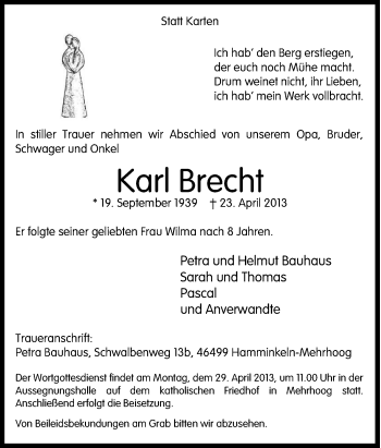 Traueranzeige von Karl Brecht von Tageszeitung