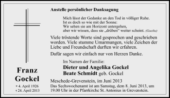 Traueranzeige von Franz Gockel von Tageszeitung
