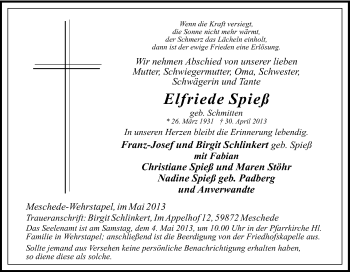 Traueranzeige von Elfriede Spieß von Tageszeitung