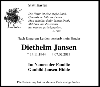 Traueranzeige von Diethelm Jansen von Tageszeitung