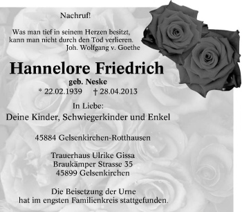Traueranzeige von Hannelore Friedrich von Tageszeitung