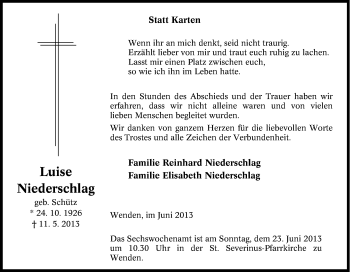 Traueranzeige von Luise Niederschlag von Tageszeitung