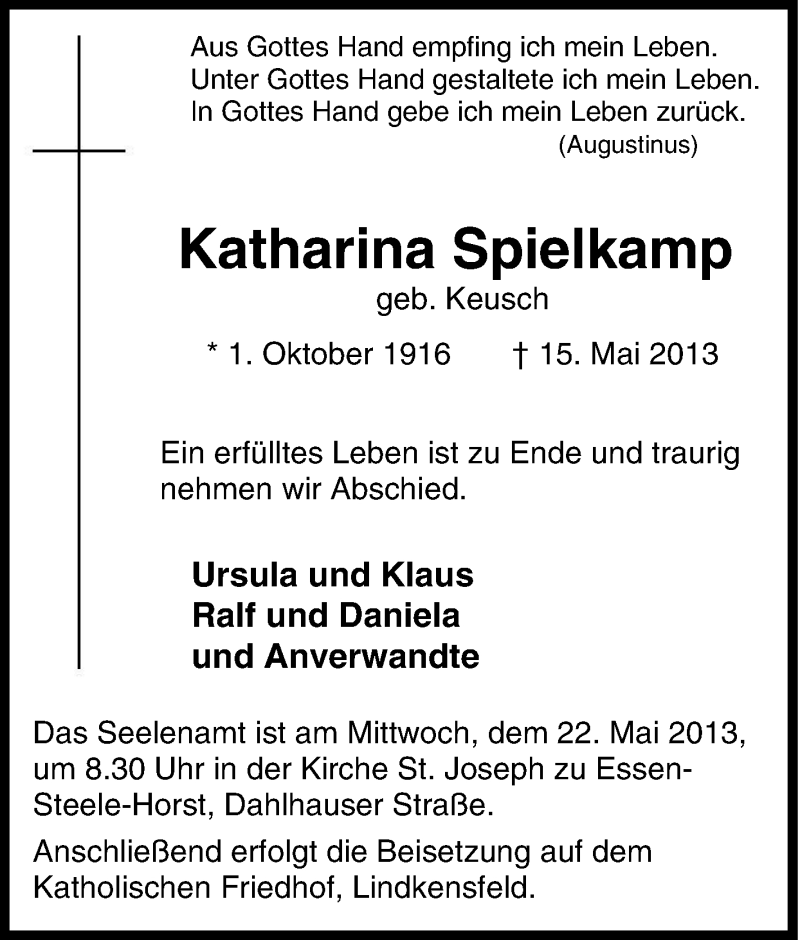 Traueranzeige für Katharina Spielkamp vom 18.05.2013 aus Tageszeitung