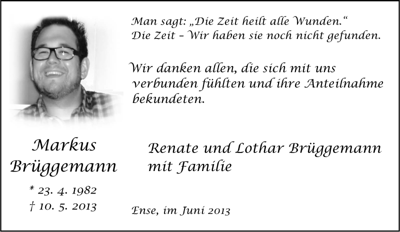  Traueranzeige für Markus Brüggemann vom 18.05.2013 aus Tageszeitung
