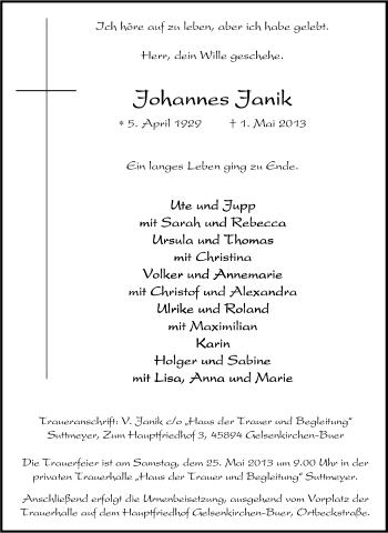 Traueranzeige von Johannes Janik von Tageszeitung