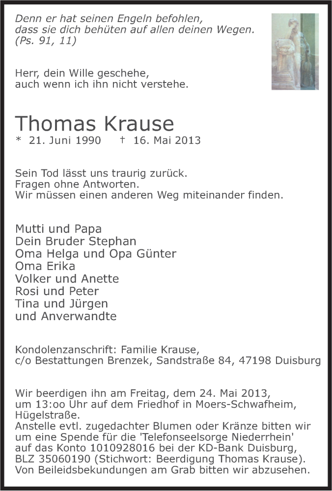  Traueranzeige für Thomas Krause vom 22.05.2013 aus Tageszeitung