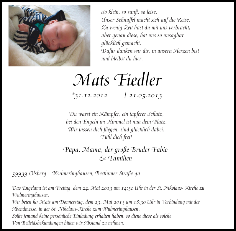  Traueranzeige für Mats Fiedler vom 22.05.2013 aus Tageszeitung