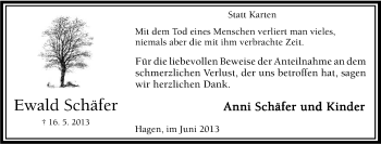 Traueranzeige von Ewald Schäfer von Tageszeitung