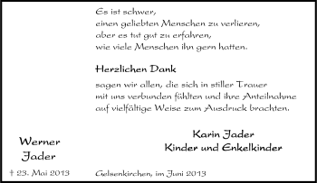 Traueranzeige von Werner Jader von Tageszeitung