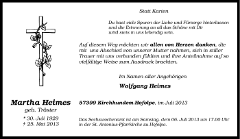 Traueranzeige von Martha Heimes von Tageszeitung