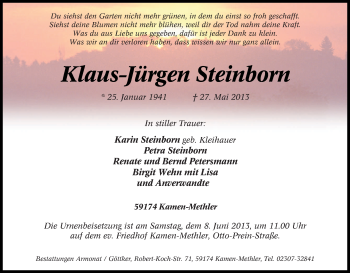Traueranzeige von Klaus-Jürgen Steinborn von Tageszeitung