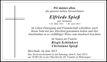 Traueranzeige von Elfriede Spieß von Tageszeitung