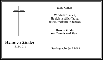 Traueranzeige von Heinrich Zirkler von Tageszeitung