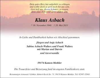 Traueranzeige von Klaus Asbach von Tageszeitung