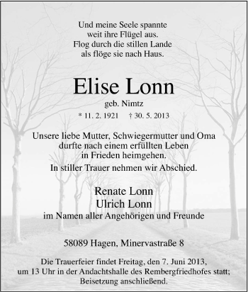 Traueranzeige von Elise Lonn von Tageszeitung