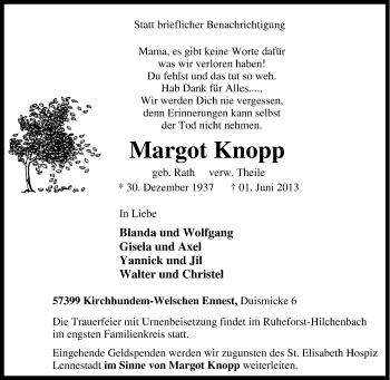 Traueranzeige von Margot Knopp von Tageszeitung