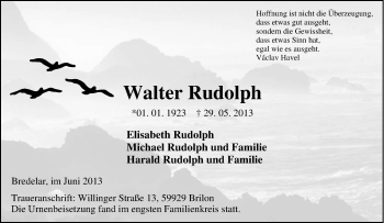 Traueranzeige von Walter Rudolph von Tageszeitung